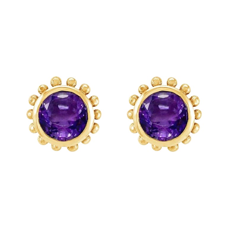 14k Gold Anemone Studs with Amethyst For Sale