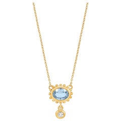 14k Gold Anemone Pendant with Blue Topaz & Diamond