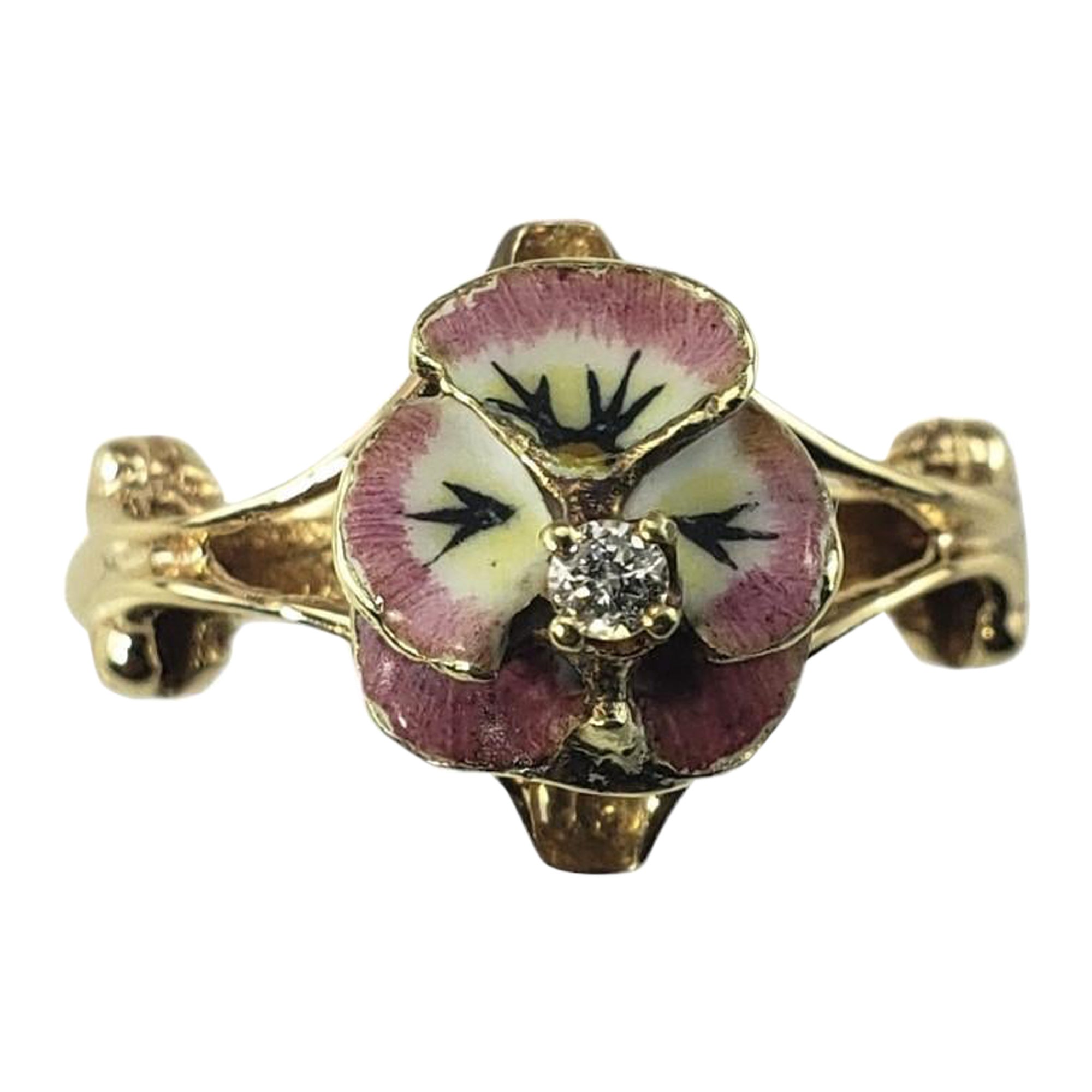 14 Karat Yellow Gold and Diamond Enamel Floral Ring Size 5.75 #15691 For Sale