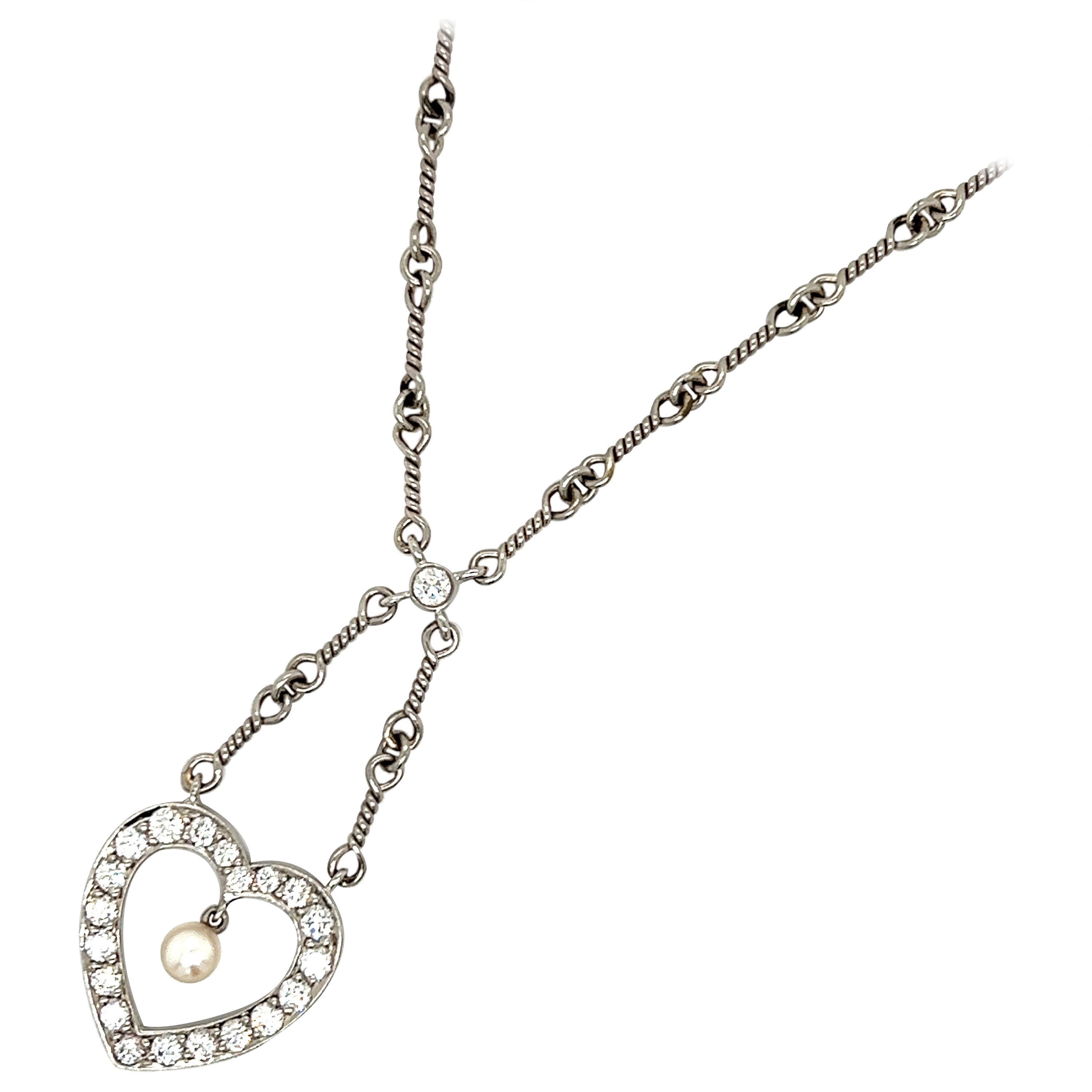 Tiffany & Co. Platinum Diamond Heart Drop Pendant Twist Wire Chain Necklace