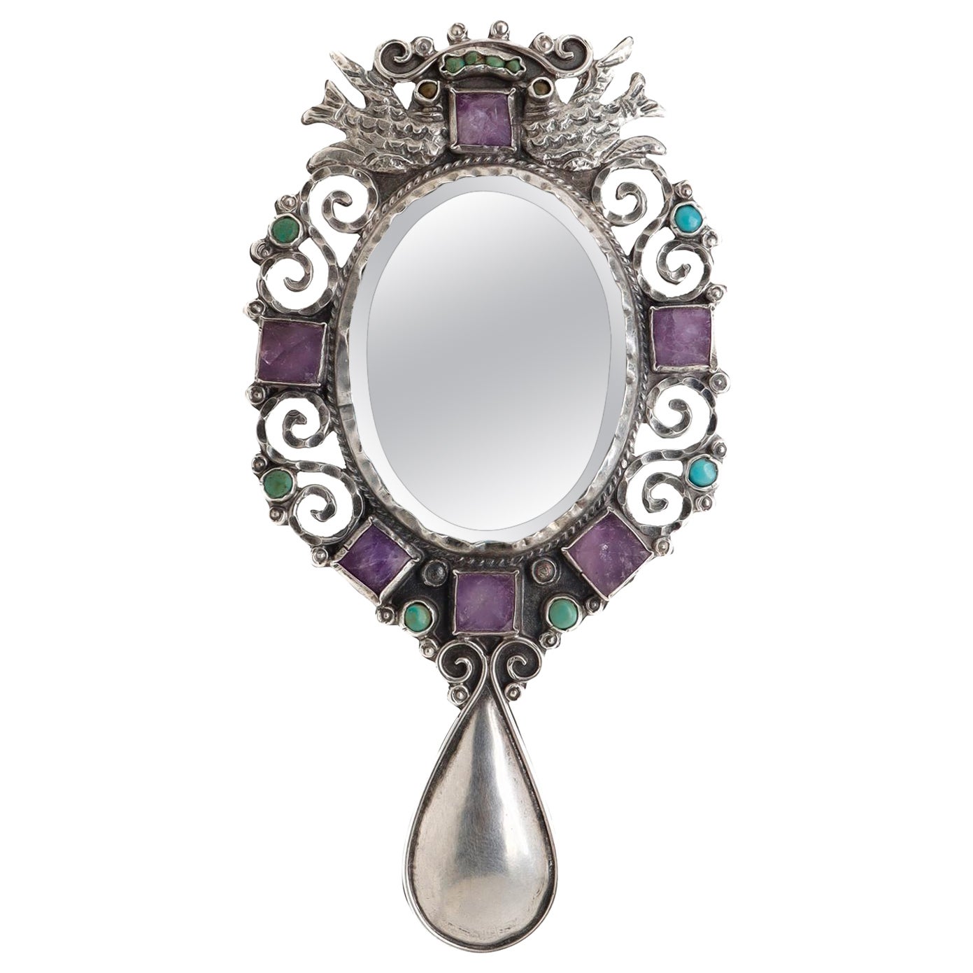 Antique Gustavo Martinez Mexican Sterling Silver Hand Mirror with Gemstones For Sale
