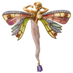 Masriera Plique a Jour Emaille Citrin Amethyst Diamant Fairy Nymph-Brosche Penda