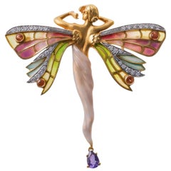 Masriera Plique a Jour Enamel Citrine Amethyst Diamond  Fairy Nymph Brooch Penda