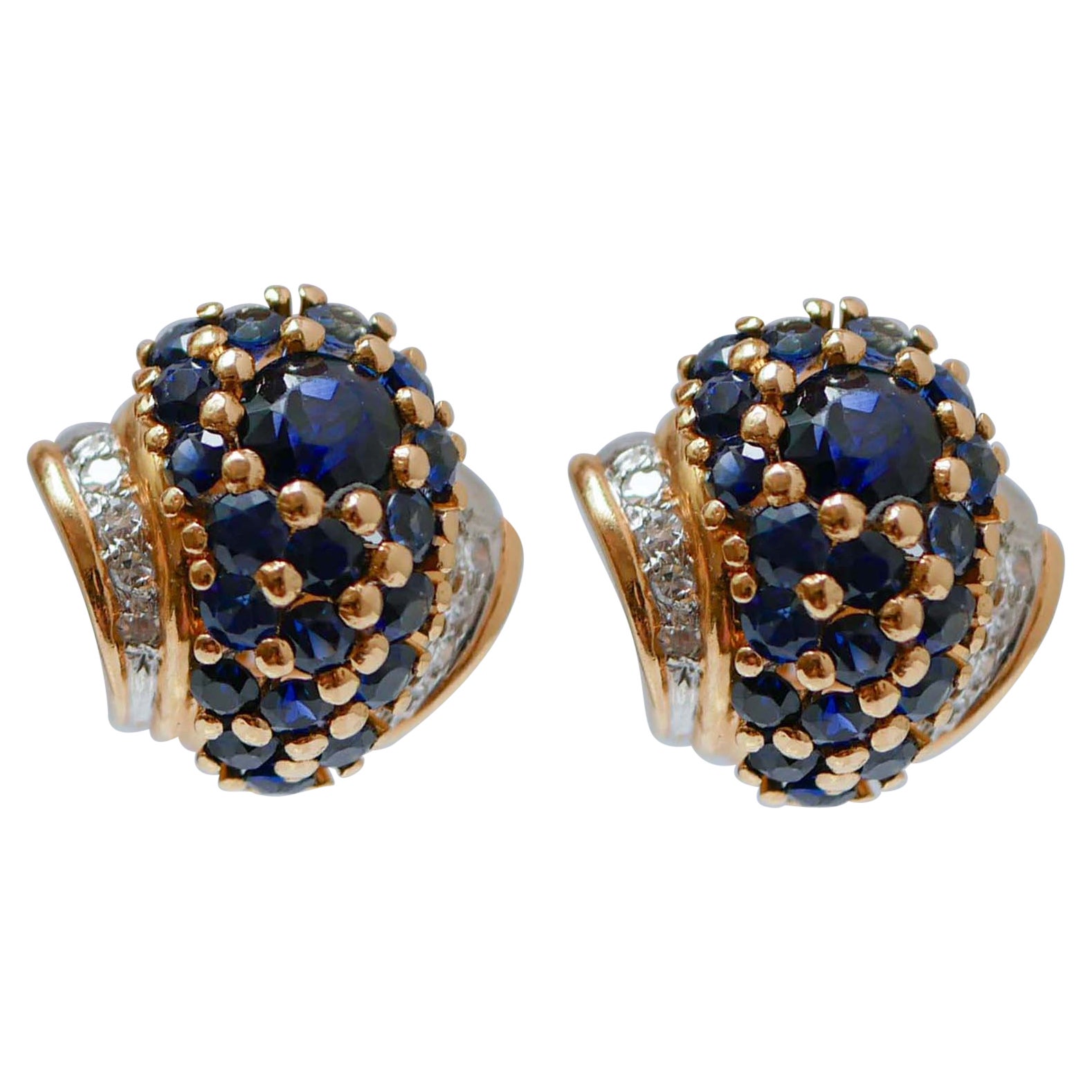 Sapphires, Diamonds, 18 Karat Rose Gold and White Gold Earrings. For Sale