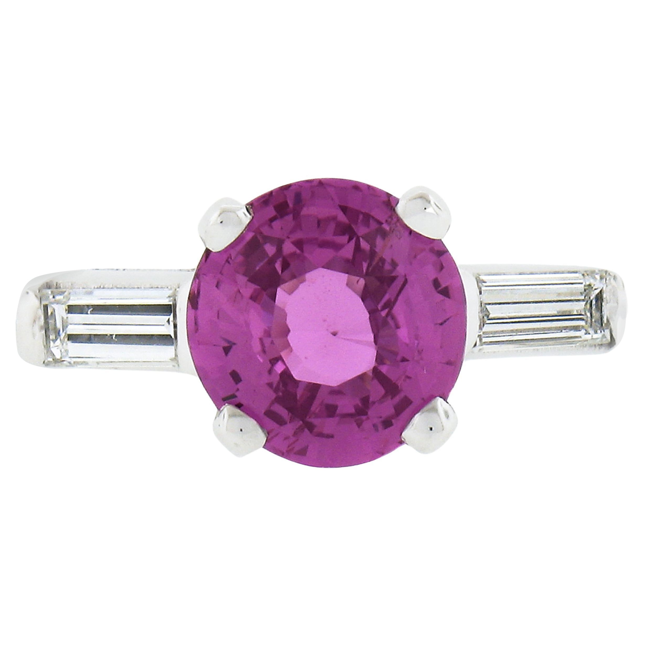Vintage Platinum 2.51ctw GIA No Heat Round Purple-Pink Sapphire & Diamond Ring For Sale