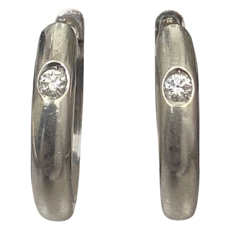 Vintage Signed 0.20 Carat Diamonds Hoop Earrings 18k White Gold For Sale