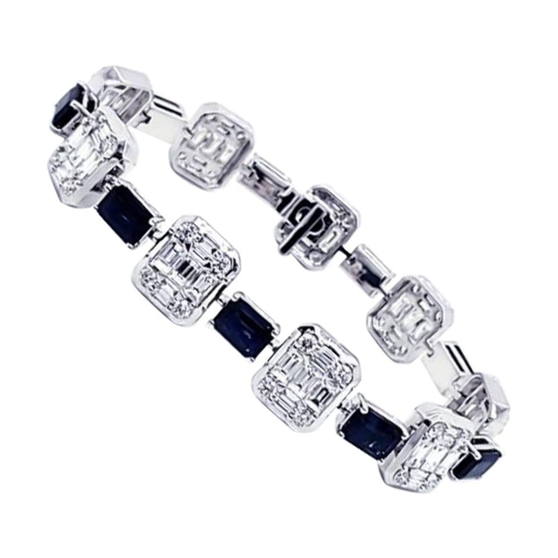 NEU $66, 818 18KT Gold Glitzerndes Fancy Baguette-Diamant-Blaues Saphir-Armband, Neu mit Diamanten