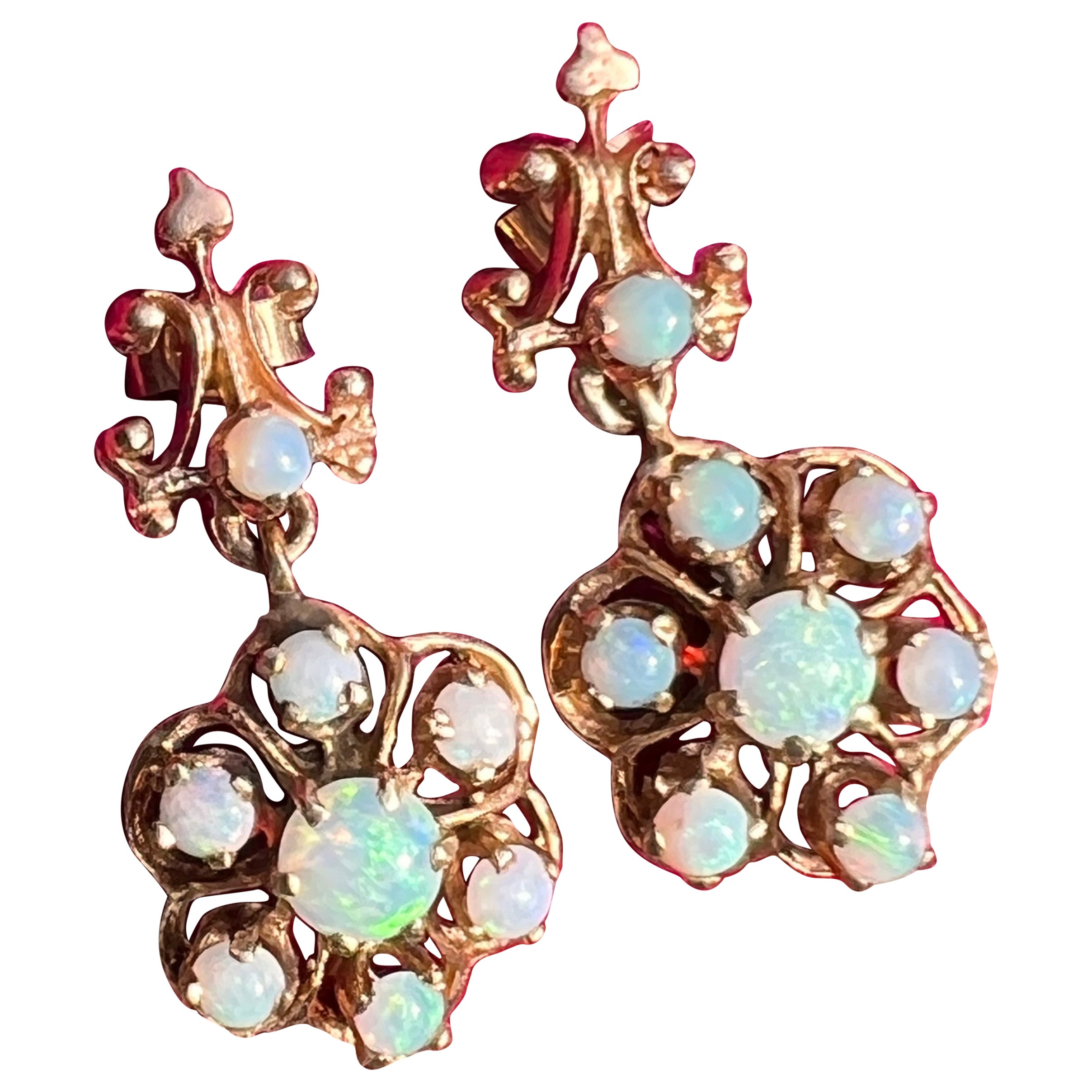 Gold Opal dangle Earrings Pireced ears Victorian revival jewelry  For Sale