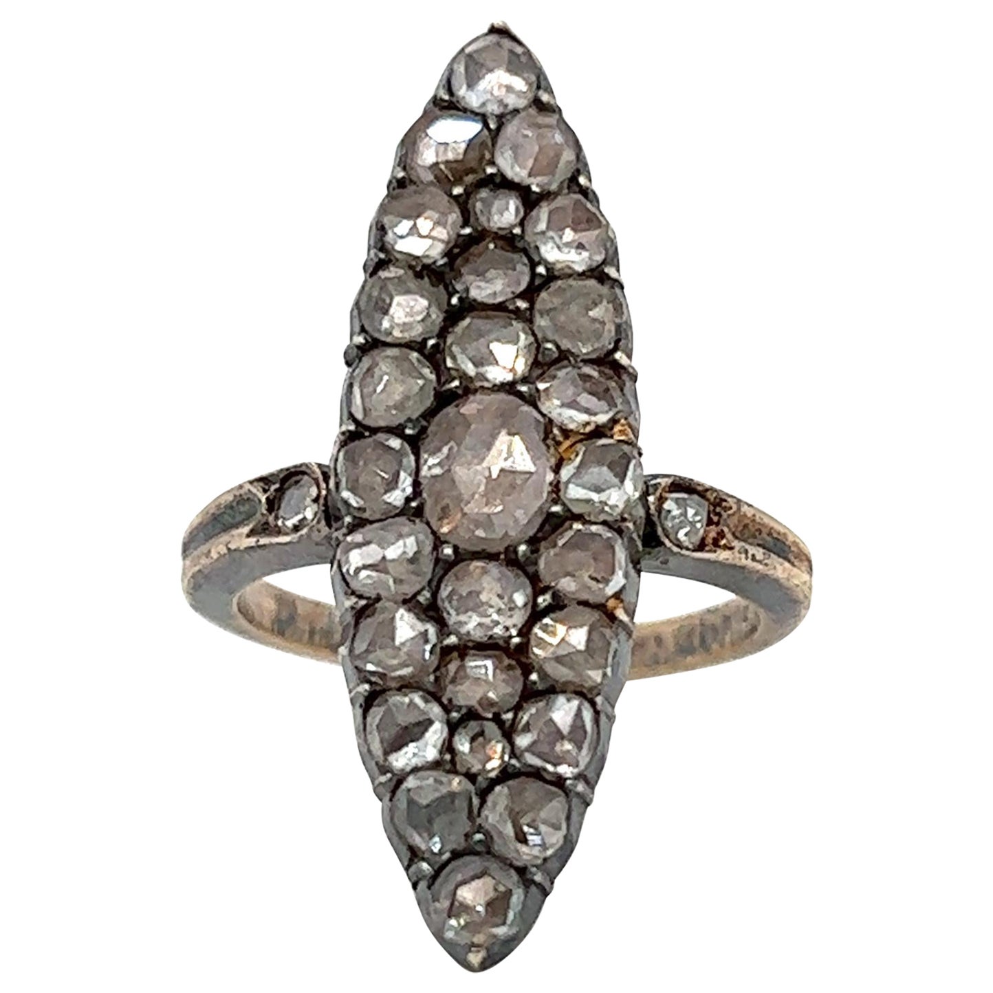 Antique Victorian Silver Topped 14K Yellow Gold Diamond Navette Ring - 1.50ct For Sale