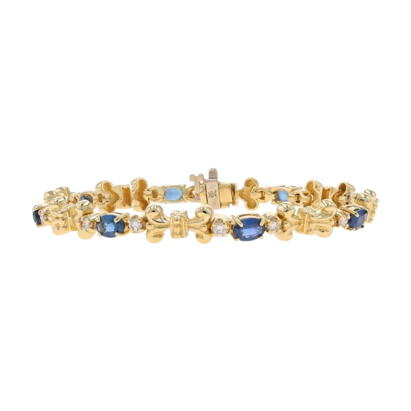 Yellow Gold Sapphire & Diamond Bracelet 7 1/4" - 14k Oval 5.60ctw Scroll For Sale