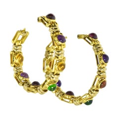 18K Hoop  Earrings Medium size with Multi Colored Vivid Multi Colored Stones - 