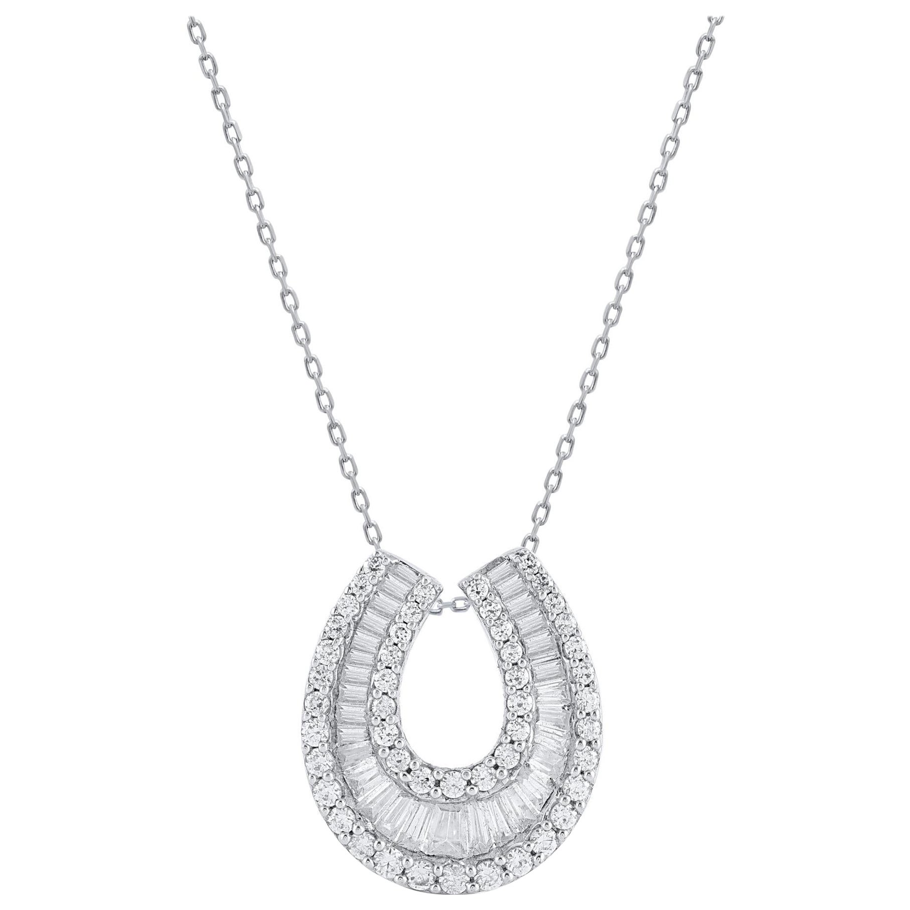 TJD 2.0 Ct Baguette & Brilliance Cut Diamond Horseshoe Necklace 14KT White Gold  For Sale