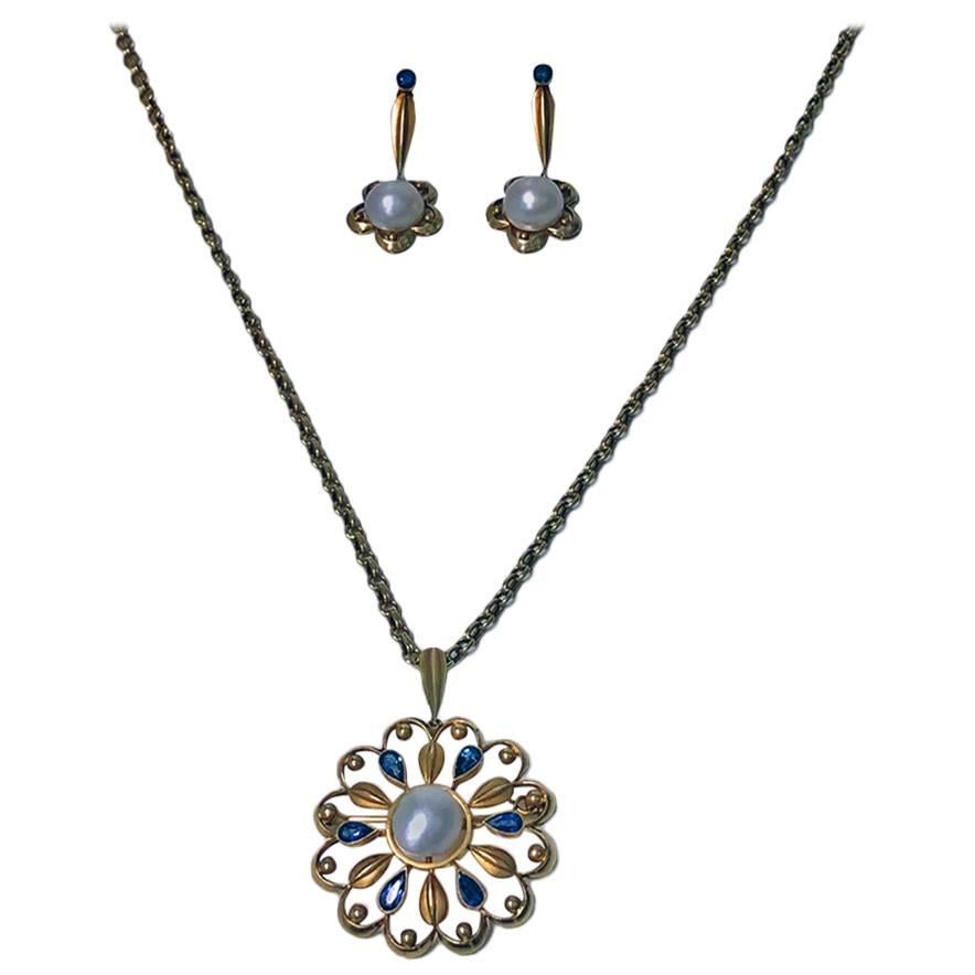 Rare David Andersen Gold Pearl Sapphire Necklace, Brooch and Earrings C.1950