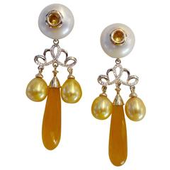 Golden Chalcedony Briolette Yellow Sapphire Pearl Pave Diamond Dangle Earrings 10