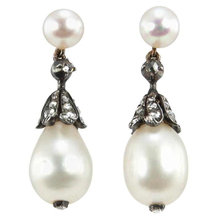 Victorian Natural Pearl and Diamond Dangle Earrings For Sale at 1stDibs