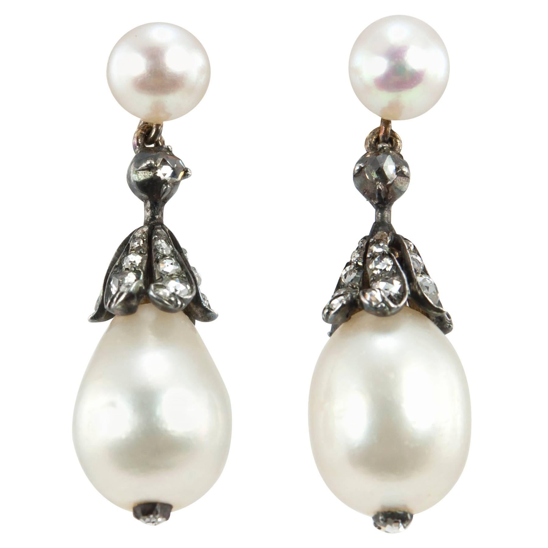 Victorian Natural Pearl and Diamond Dangle Earrings For Sale