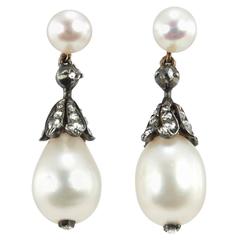 Victorian Natural Pearl and Diamond Dangle Earrings