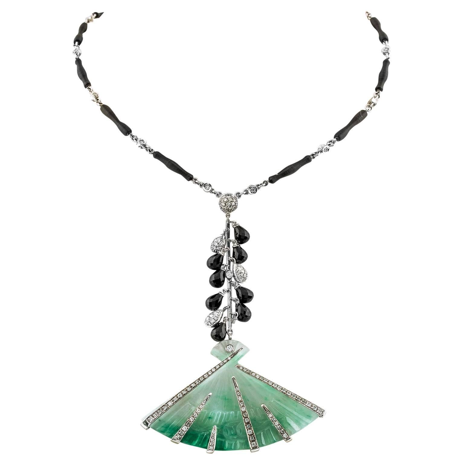 Carved Jadeite Diamond and Black Sapphire Gold Necklace