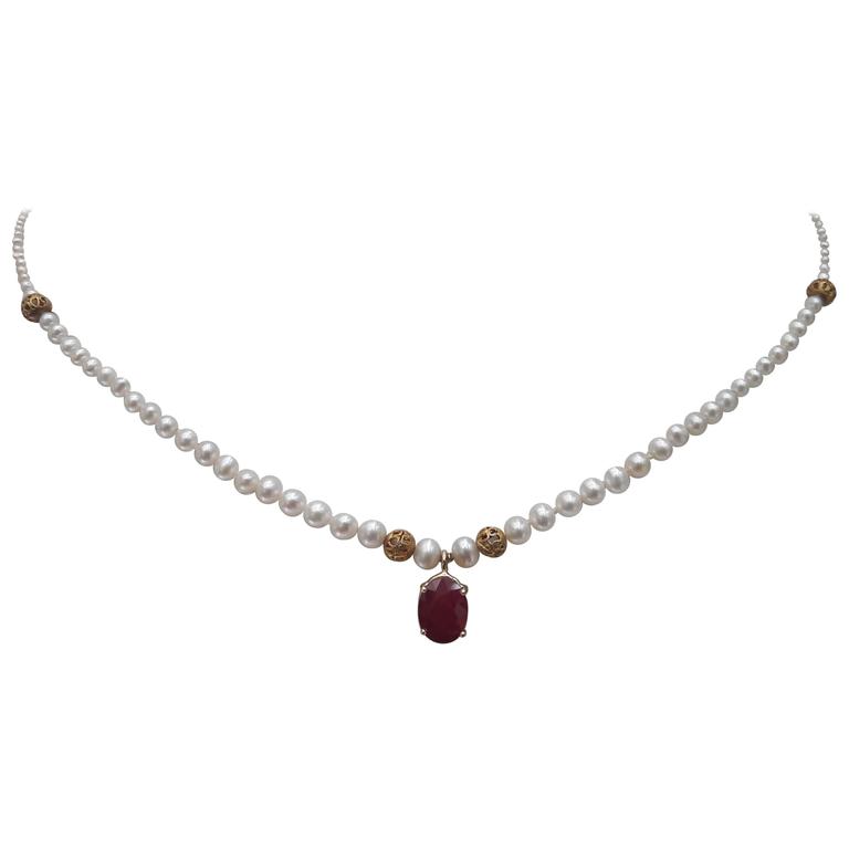 Petite Graduated Pearl necklace with 14 K Gold, and Faceted Ruby Stone ...