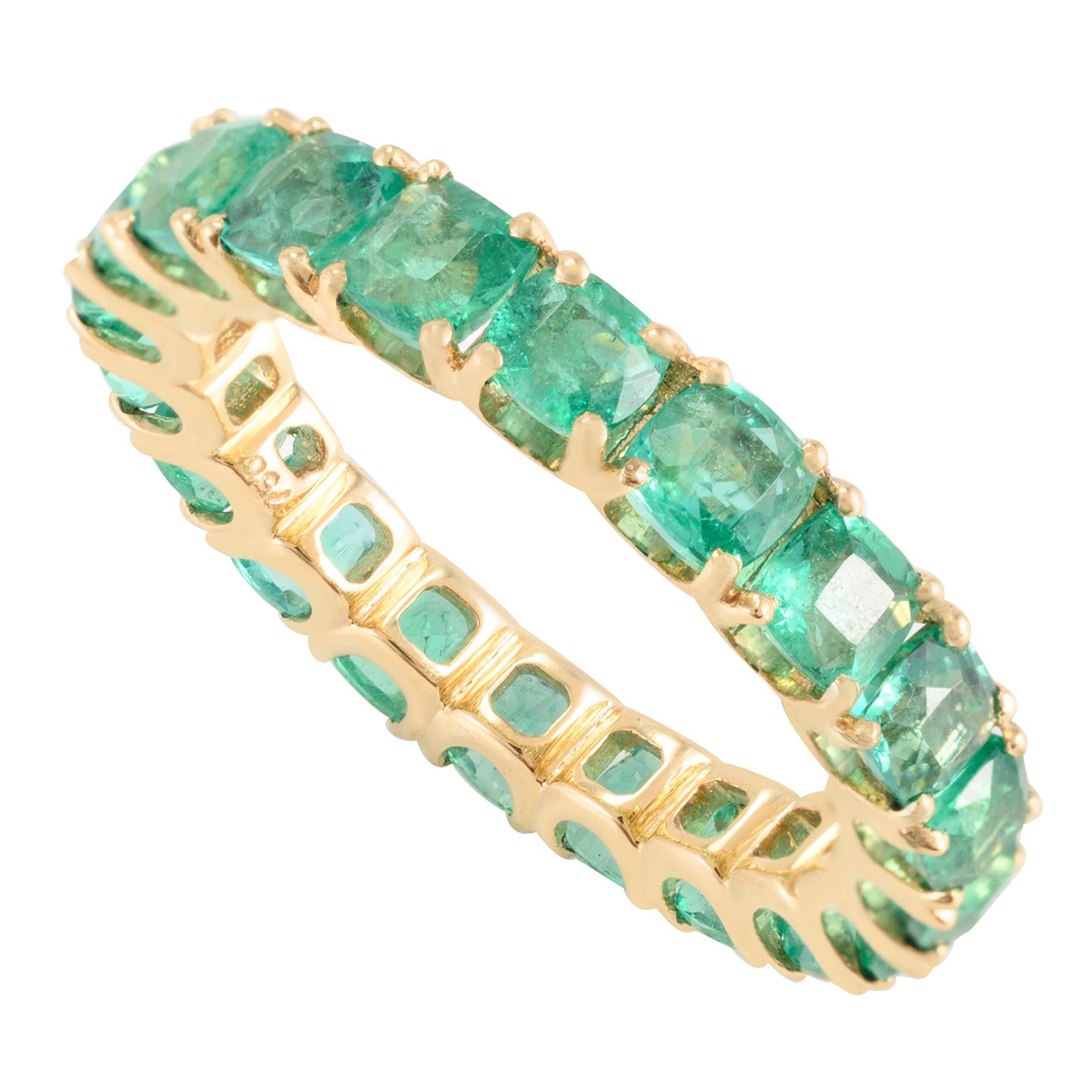 For Sale:  18k Solid Yellow Gold 4.06 CTW Cushion Emerald Eternity Band Ring