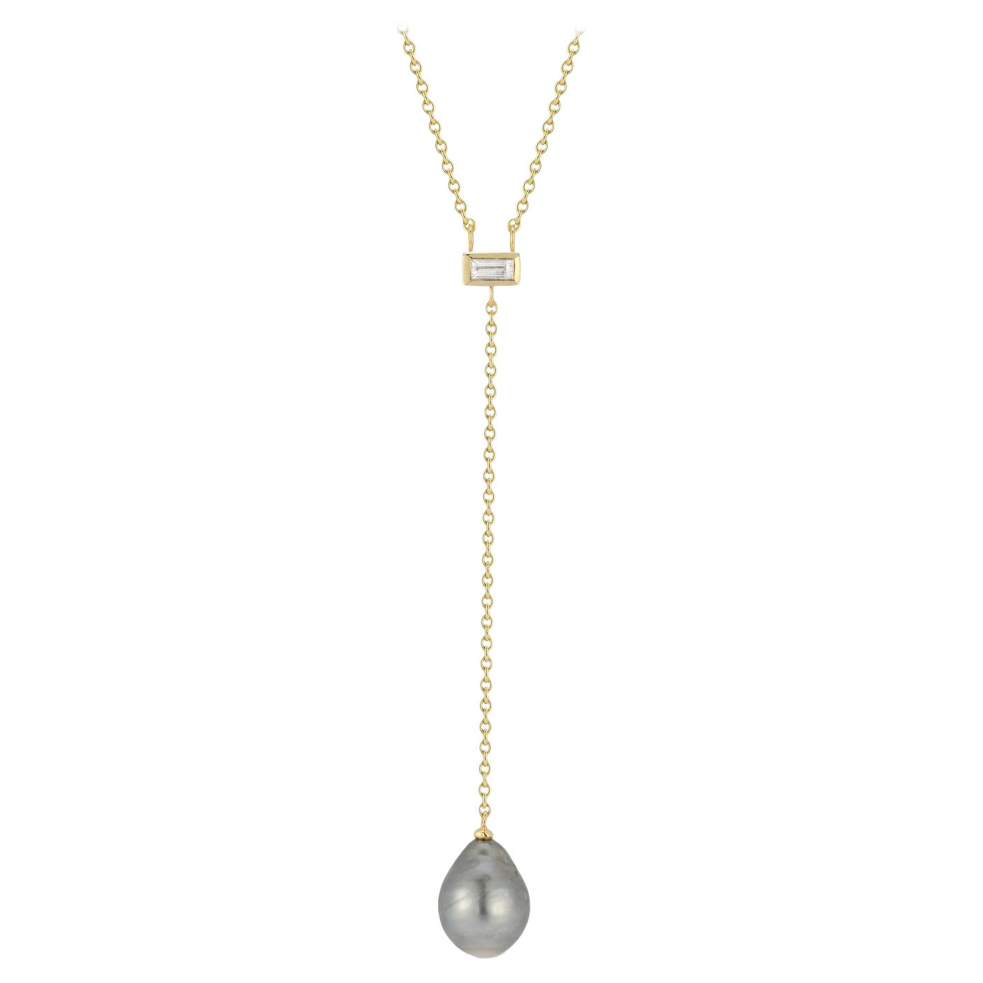 14 karat Yellow Gold Tahitian Pearl & 0.19 Carat Diamond Y Necklace  For Sale