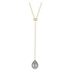 14 karat Yellow Gold Tahitian Pearl & 0.19 Carat Diamond Y Necklace 