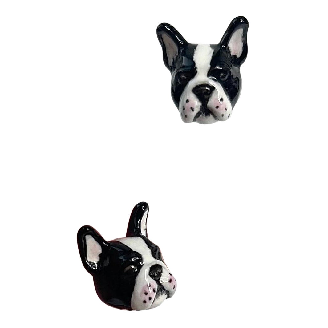 French Bulldog Enamel White and Black Sterling Silver 925 Dog Stud Earrings  For Sale