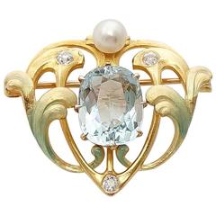 Art Nouveau Krementz Diamond Aquamarine Enamel Pendant 