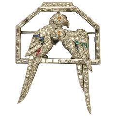 Vintage 1930s Emerald Ruby Sapphire Diamond Platinum Parrots Brooch Pin