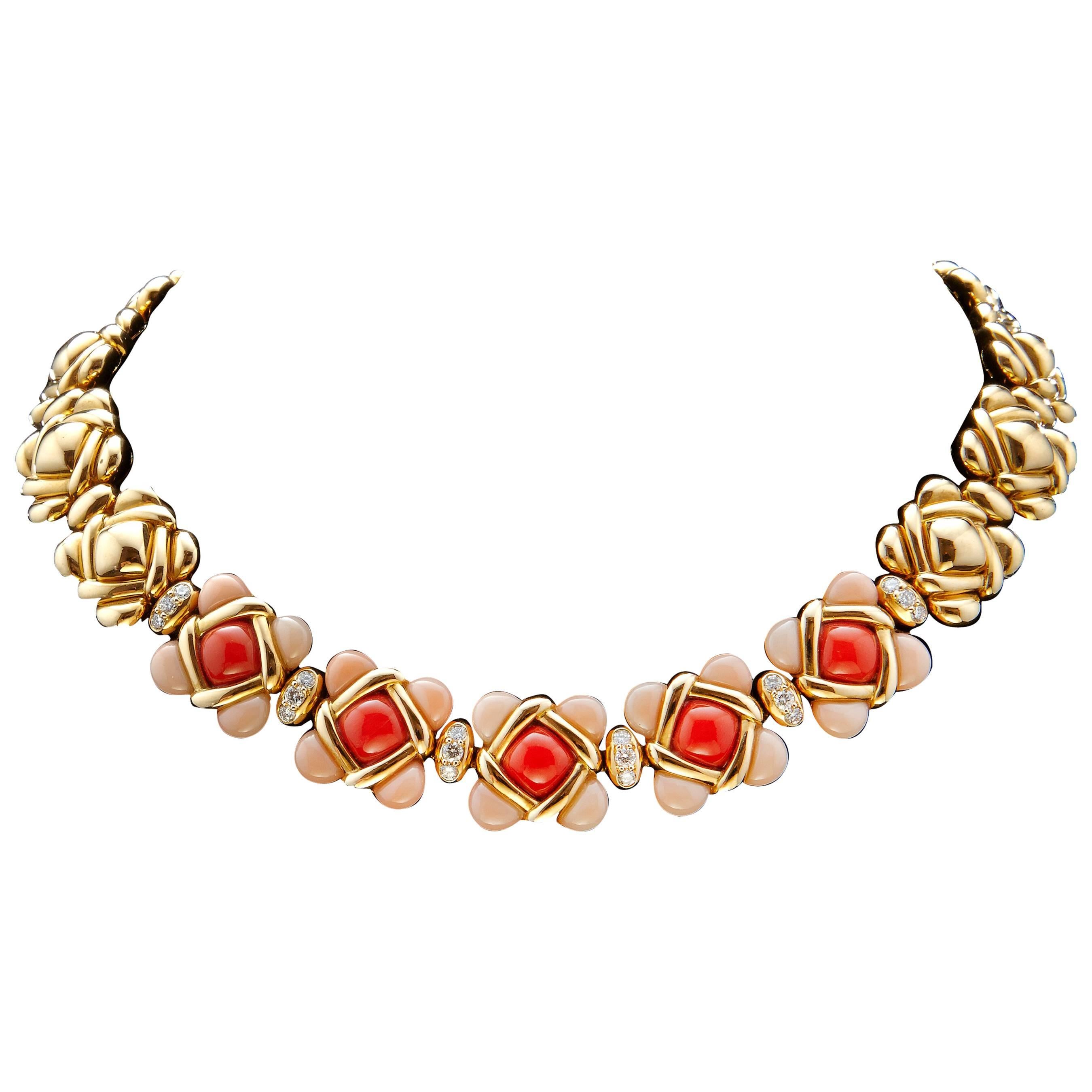 1970s Van Cleef& Arpels Coral Diamond Yellow Gold Necklace.