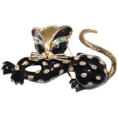 Retro 1970s Fred Paris Diamond Emerald Black Enamel Gold Leopard Brooch