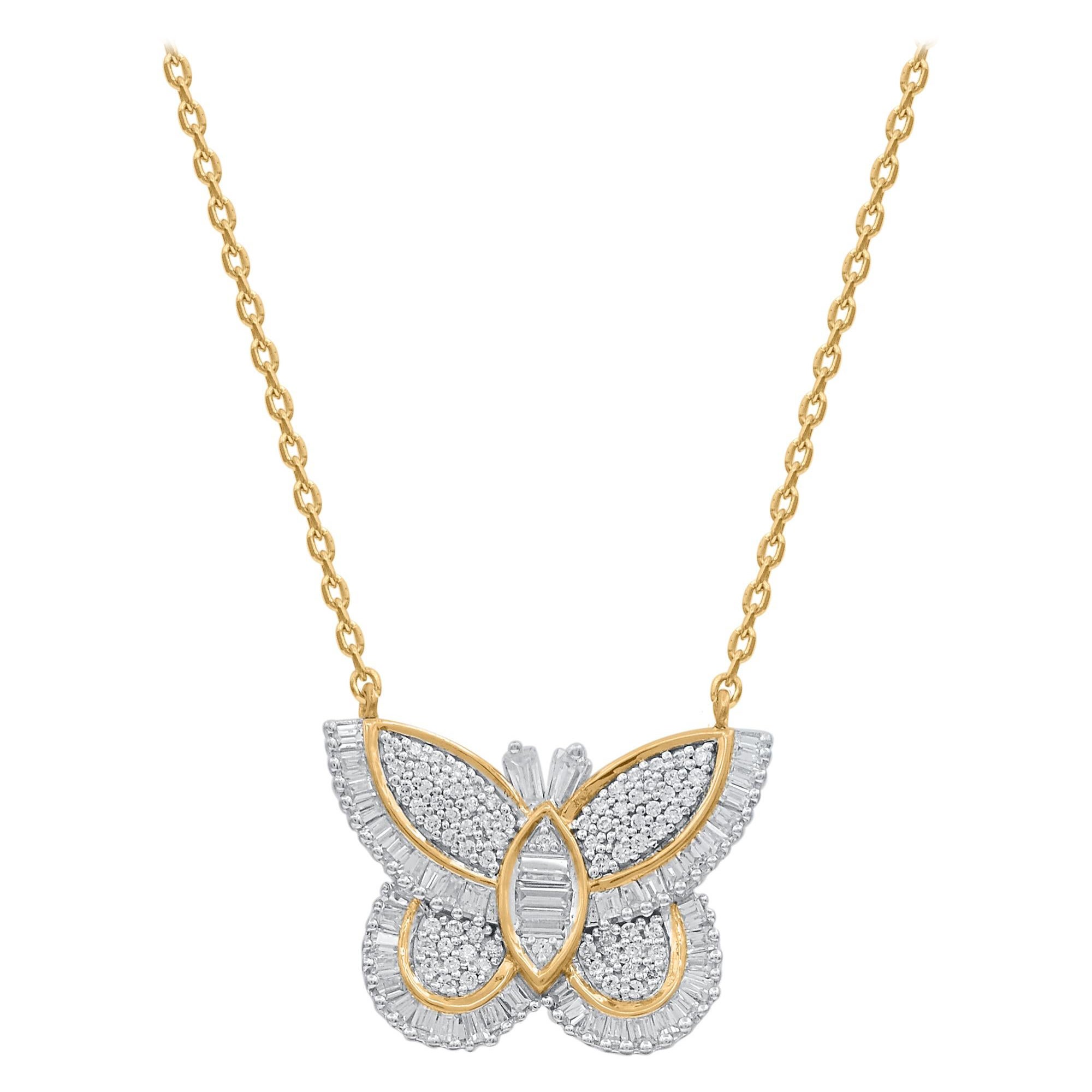Collier pendentif papillon en or jaune 14 carats avec diamants baguettes de 0,60 carat TJD en vente