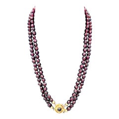 Antique Garnet Beads Double Row Necklace 14K Gold Clasp Gold Callots