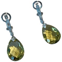 Pair  of 18 K white Gold drop earrings Lemon Quartz Briolette Diamonds