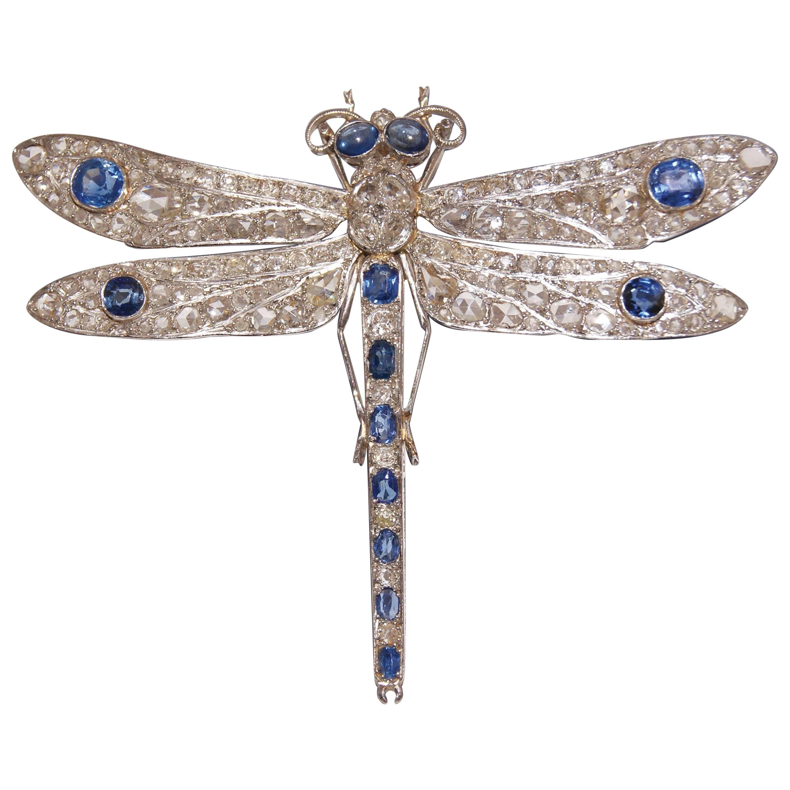 1920s Sapphire Diamond Platinum Gold Dragonfly Brooch.