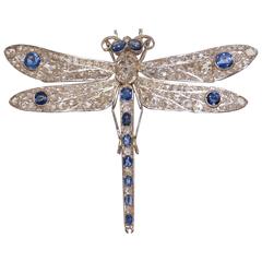 Antique 1920s Sapphire Diamond Platinum Gold Dragonfly Brooch.