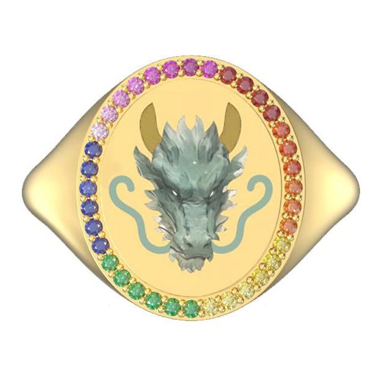 Chinese Zodiac Dragon Ring, 18K Yellow Gold with Rainbow Sapphires and Rubies For Sale