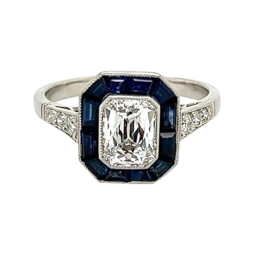 Anillo de cóctel vintage en platino con diamantes y zafiros talla cruzada GIA de 1,08 quilates