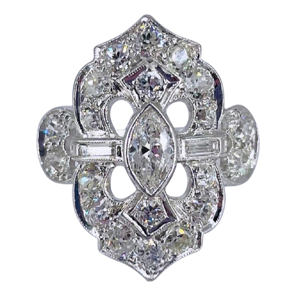 J. Birnbach Platinum Art Deco Diamond Ring with Marquise Center Diamond For Sale
