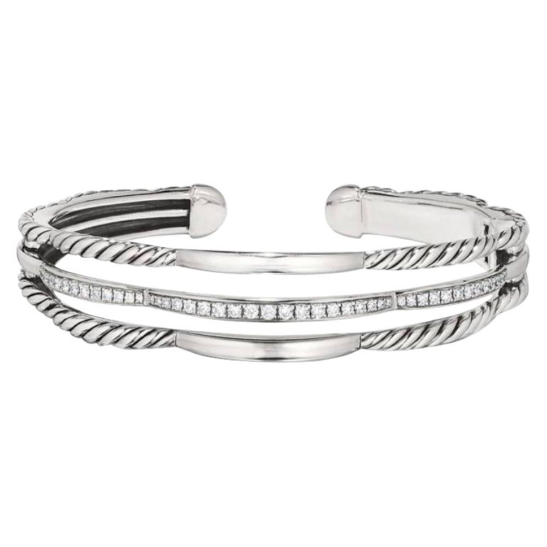 Sterling Silver Diamond David Yurman Tides Three Row Cuff Bracelet For Sale