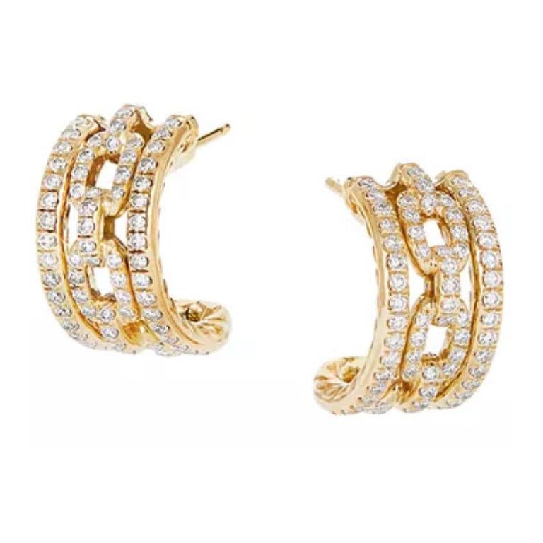 David Yurman 18K Yellow Gold Stax Chain Link Diamond Huggie Hoope Earrings  For Sale