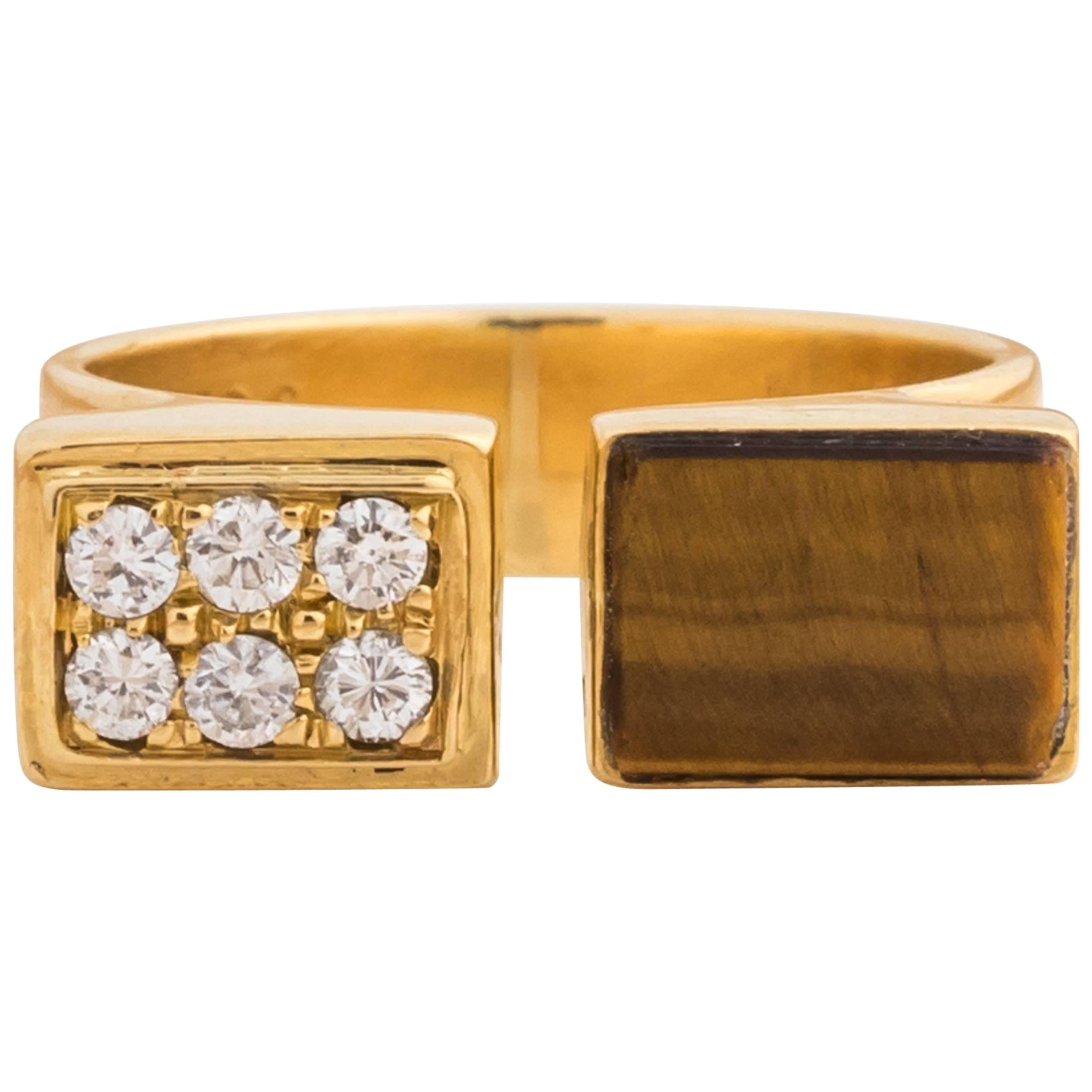 1950s Cartier Retro Tiger Eye Diamond Gold Open Horseshoe Ring