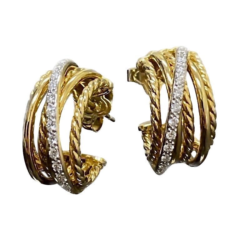 David Yurman 18K Yellow Gold Diamonds Crossover Huggie Hoop Earrings For Sale
