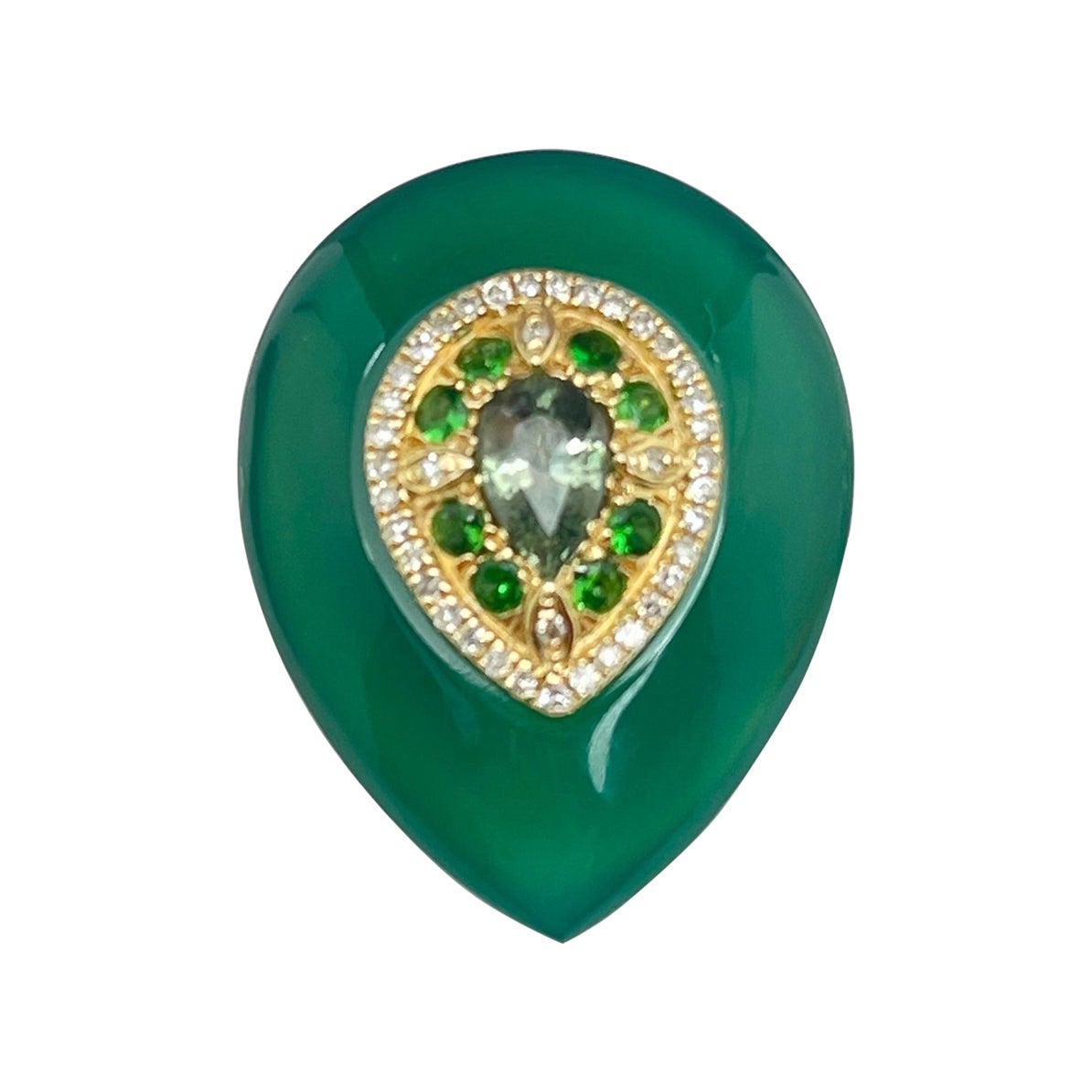 Vintage Green Agate, Emerald, Diamond & Green Garnet Ring In 14k For Sale