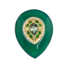 Bague vintage en agate verte, émeraude, diamant et grenat vert 14 carats