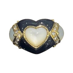Stunning Onyx, Mother Of Pearl And Diamond Heart Ring In 18k