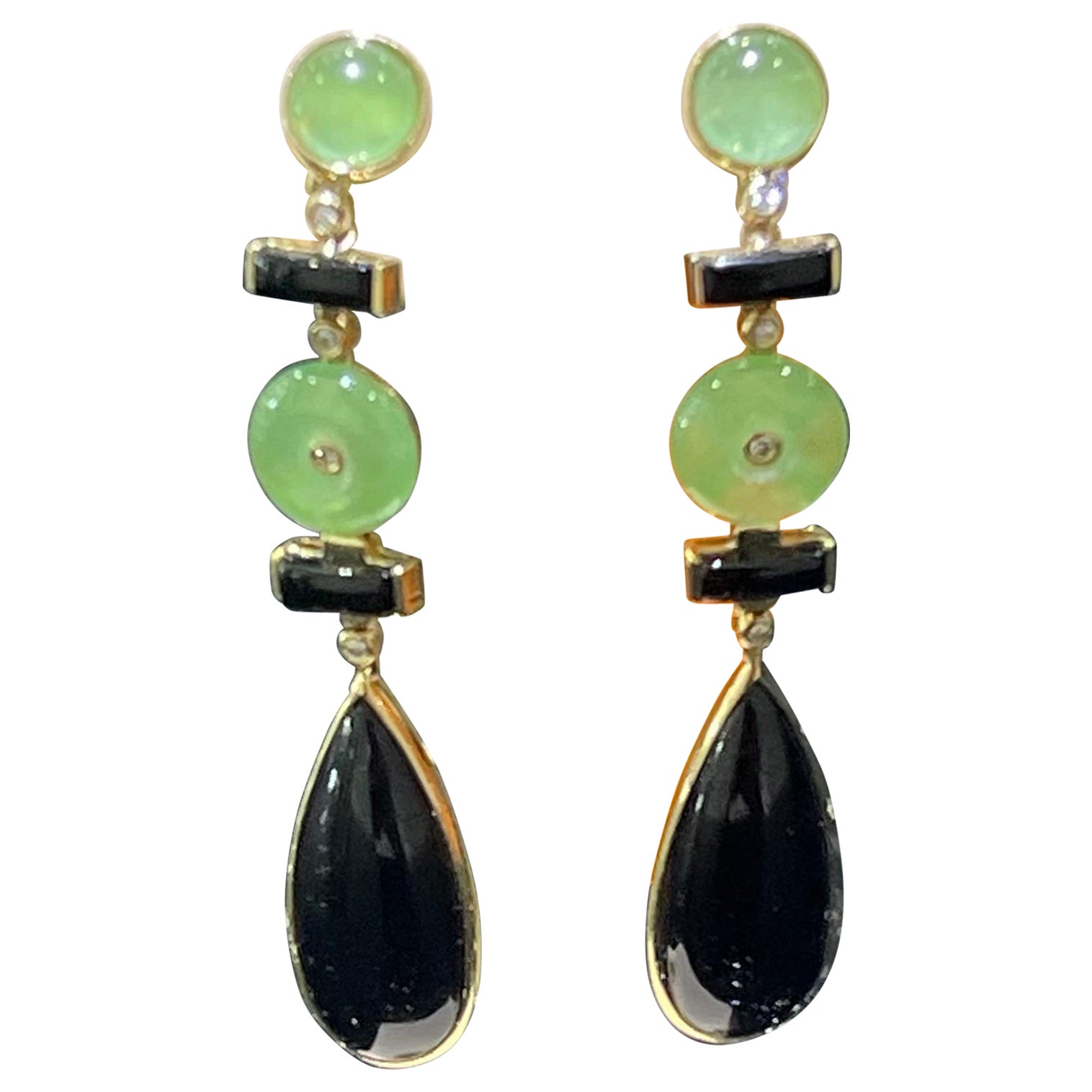 Jade, Onyx & Diamond Drop Earrings In 14k For Sale