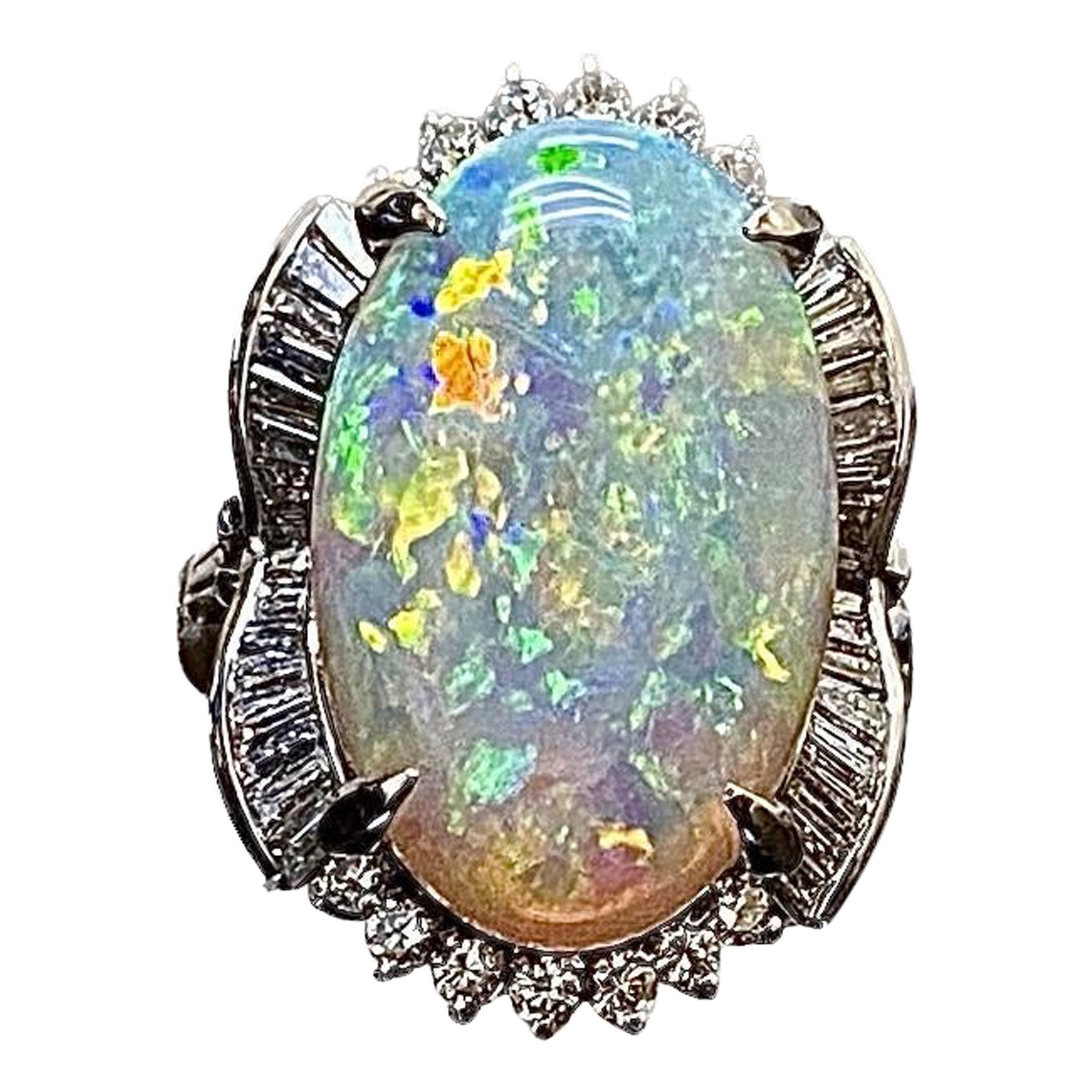 Art Deco Platinum Diamond 10.77 Carat Australian Opal Engagement Ring For Sale