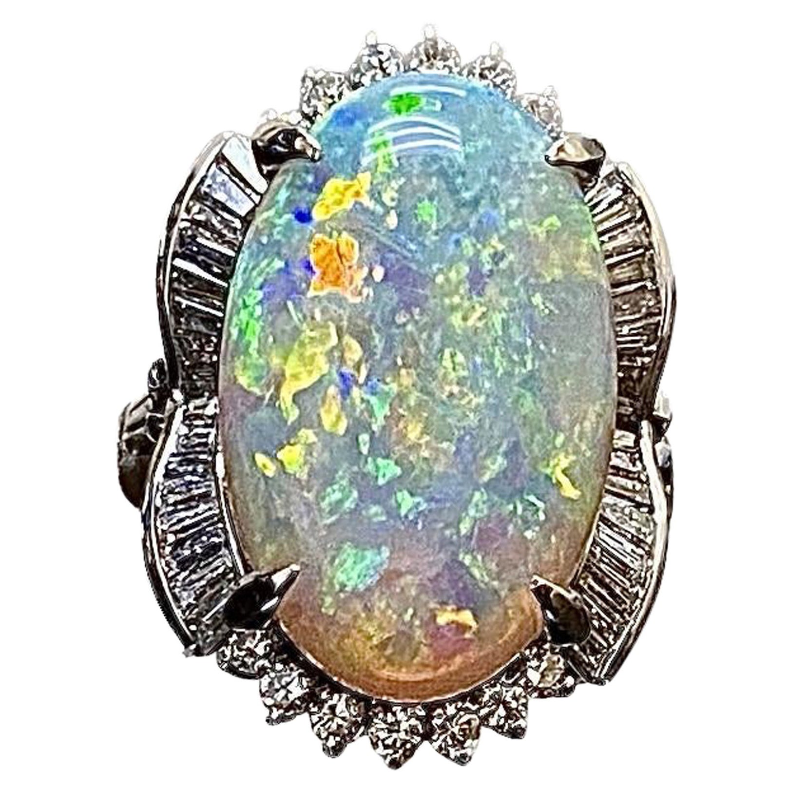 Art Deco Inspired Platinum Diamond 10.77 Carat Australian Opal Engagement Ring