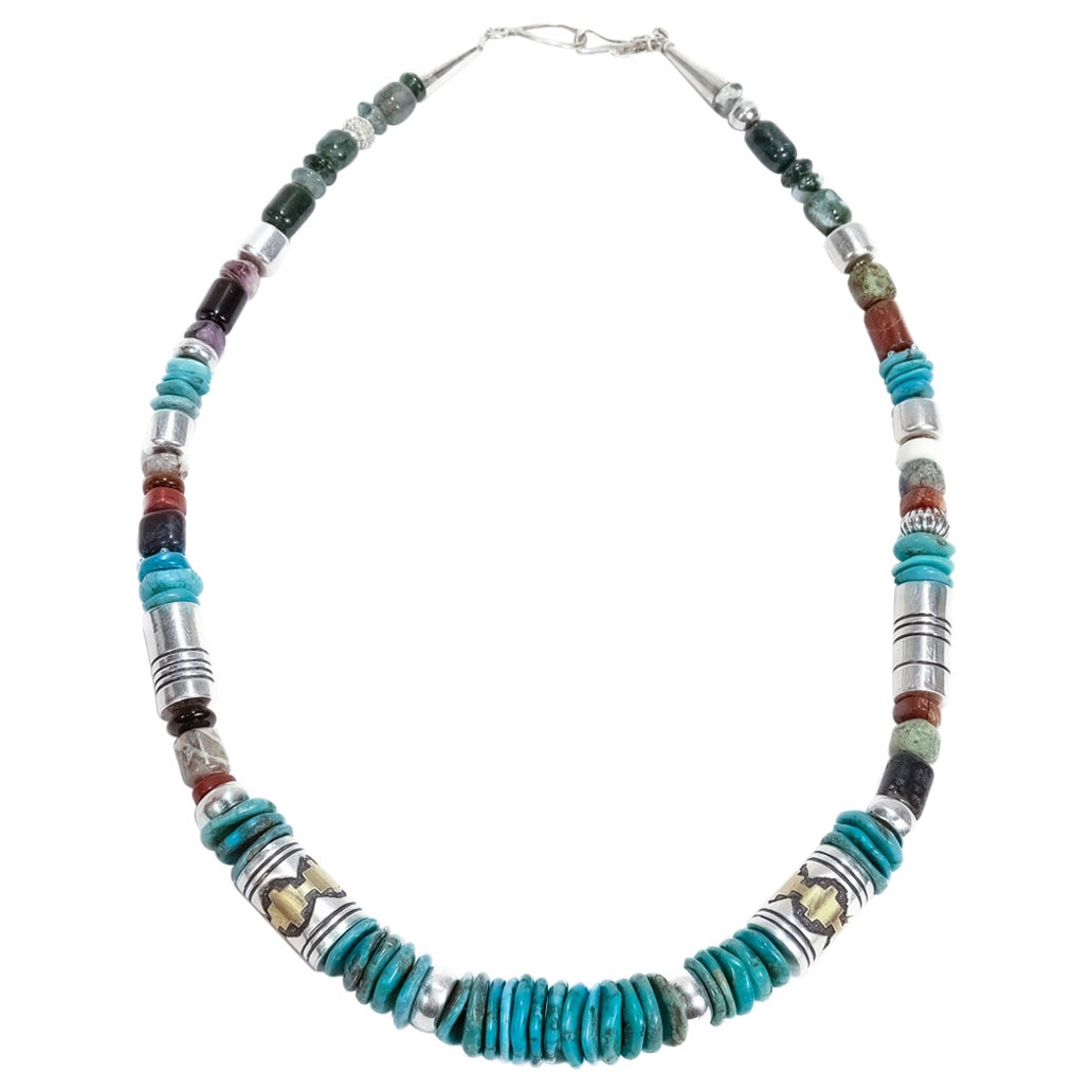 Signed Navajo Tommy Singer Sterling Silver, Turquoise & Gemstone Beaded Necklace For Sale